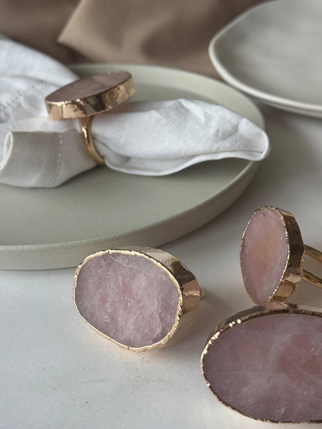 Napkin Ring in Brass with Rose Quartz Accent