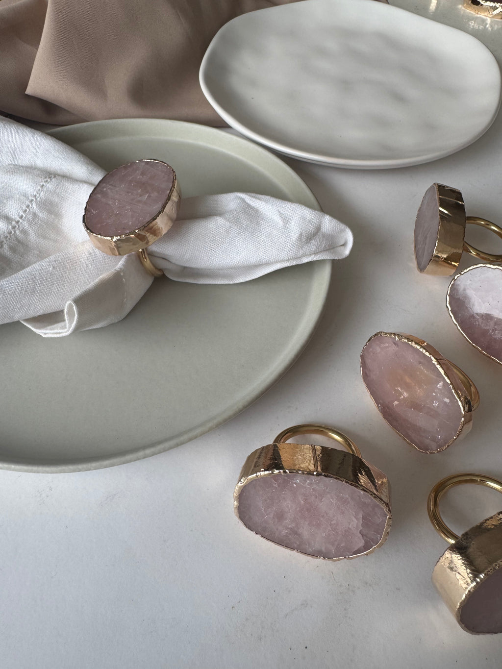 Napkin Ring in Brass with Rose Quartz Accent