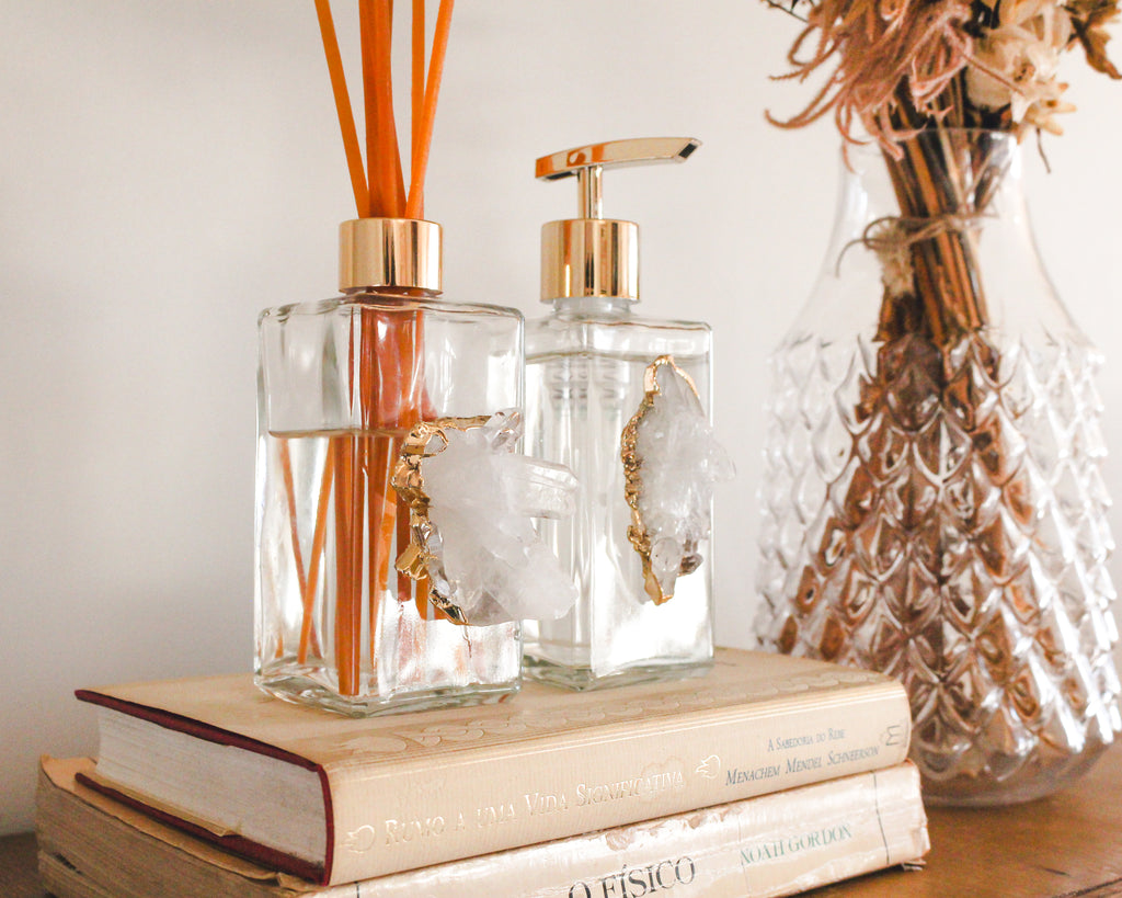 Handcrafted Crystal Glass Dispenser & Diffuser Set - 2 Piece Clear Quartz Druzy