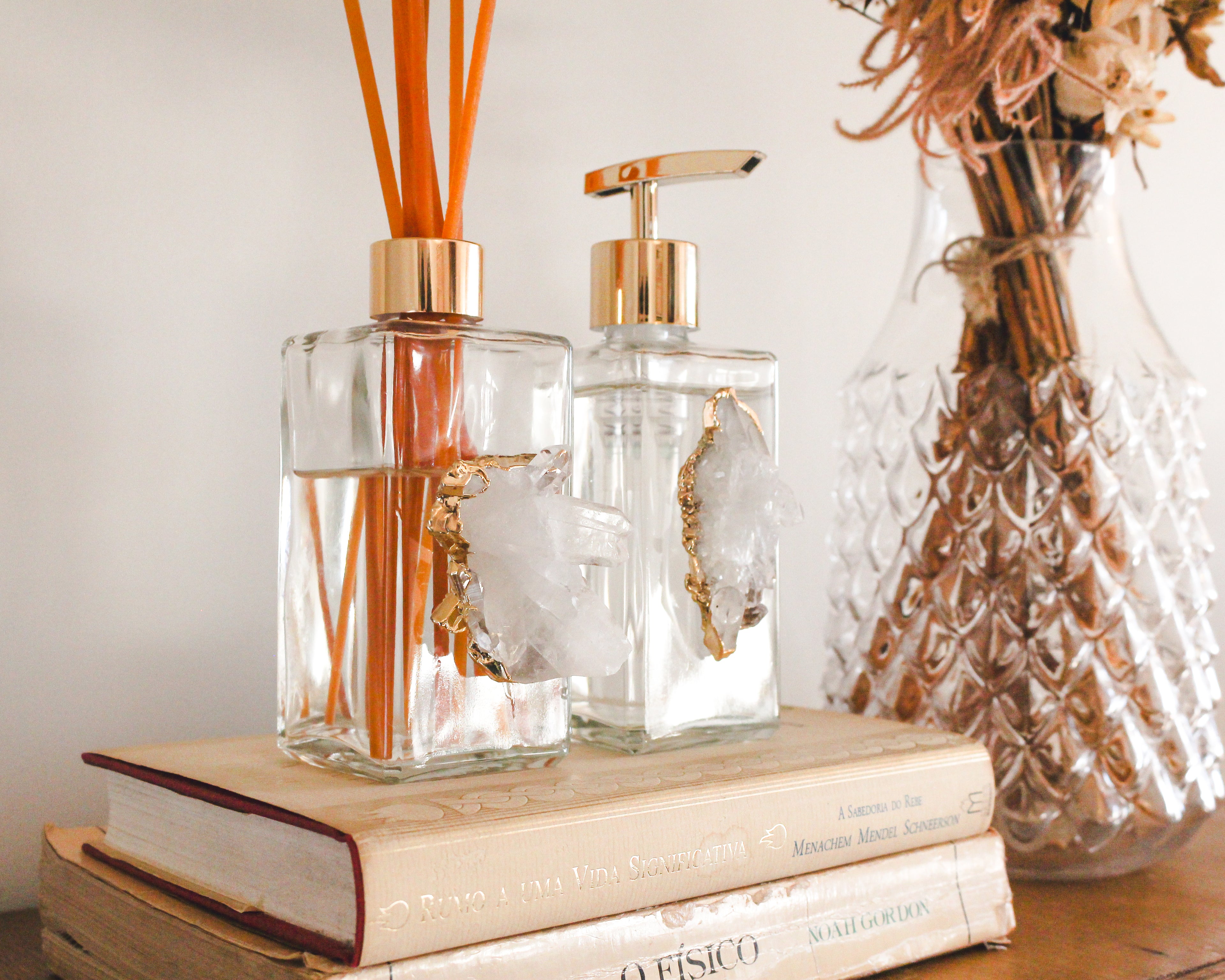 Handcrafted Crystal Glass Dispenser & Diffuser Set - 2 Piece Clear Quartz Druzy