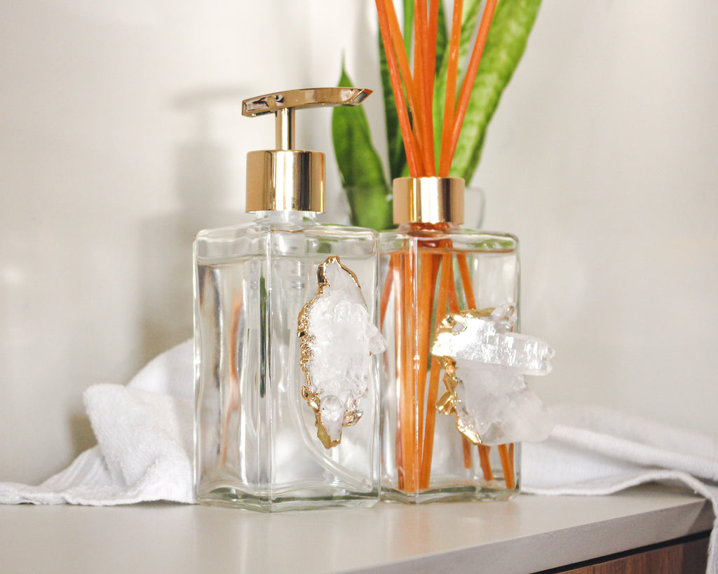 Handcrafted Crystal Glass Dispenser & Diffuser Set - 2 Piece Clear Quartz Druzy