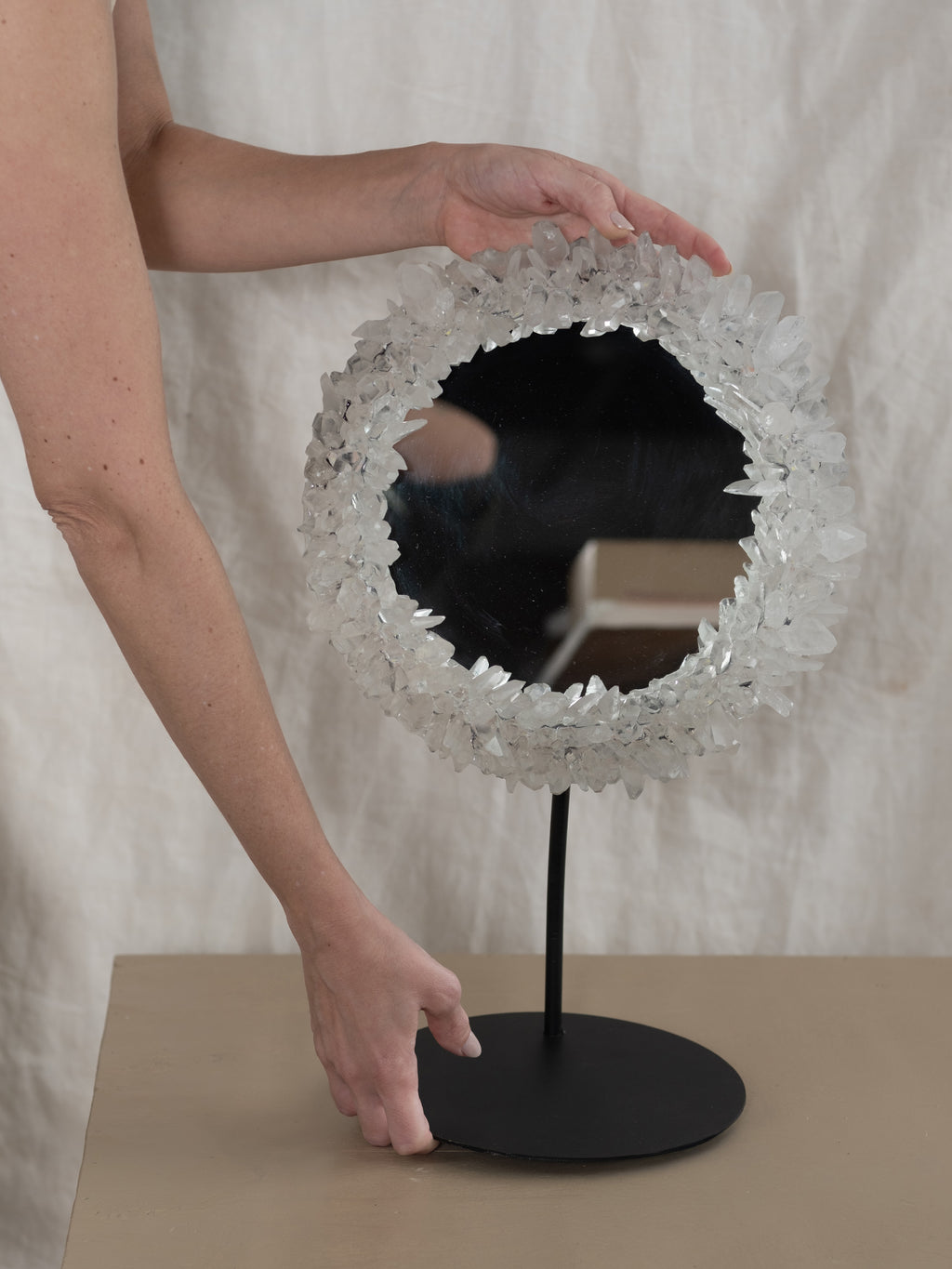 Lemurian Quartz Point Round LED Mirror on Stand