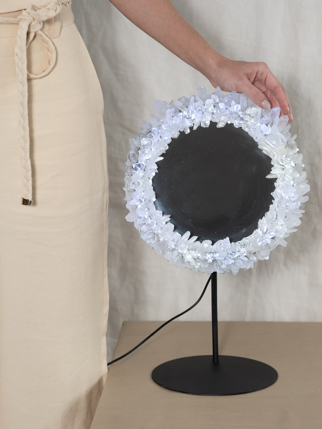 Lemurian Quartz Point Round LED Mirror on Stand