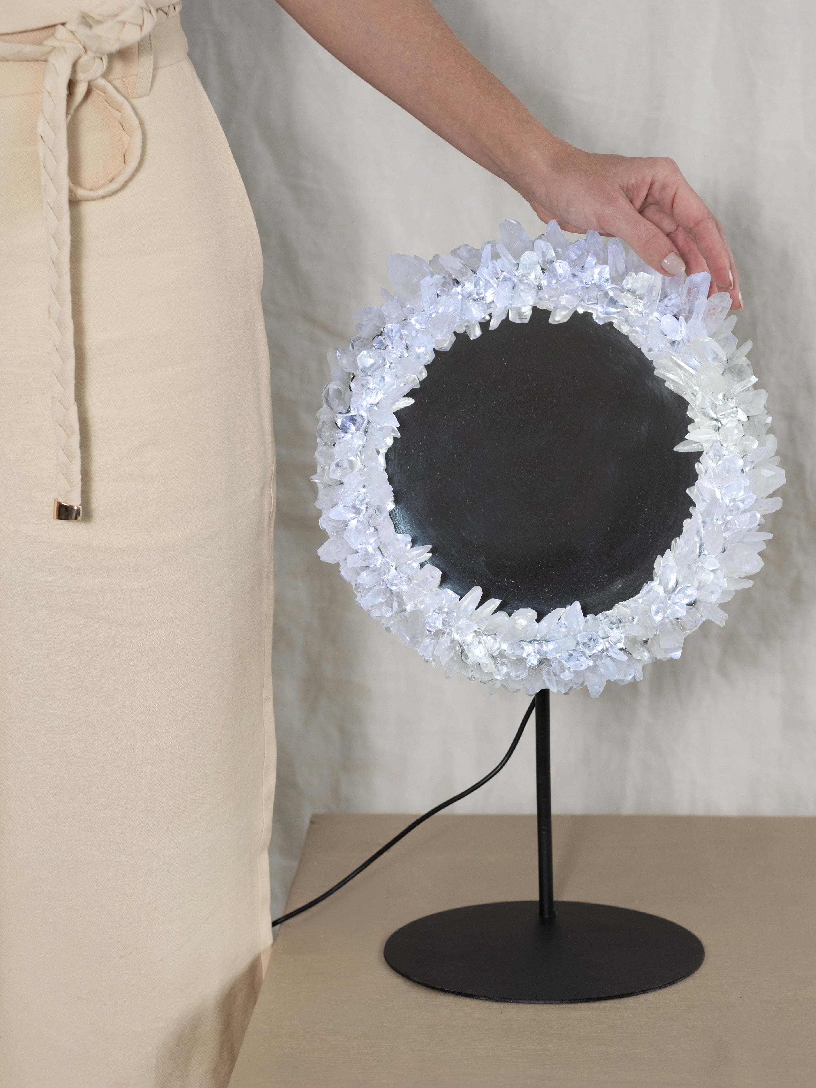 Lemurian Quartz Point Round LED Mirror on Stand
