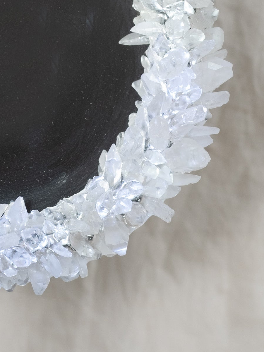 Lemurian Quartz Point Round LED Mirror on Stand