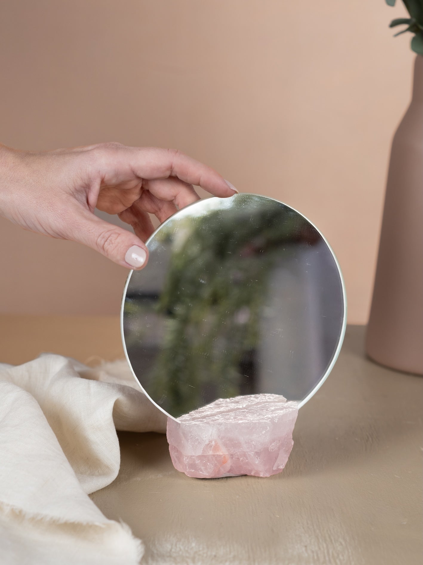 Round Mirror with Rose Quartz Holder