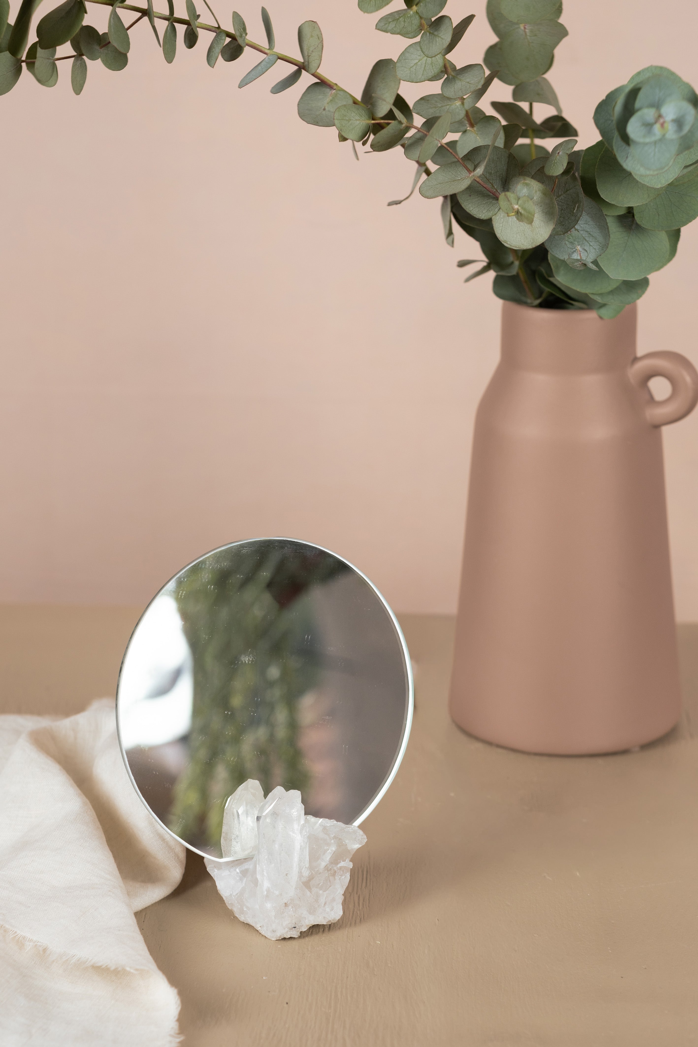 Round Mirror with Clear Quartz Holder