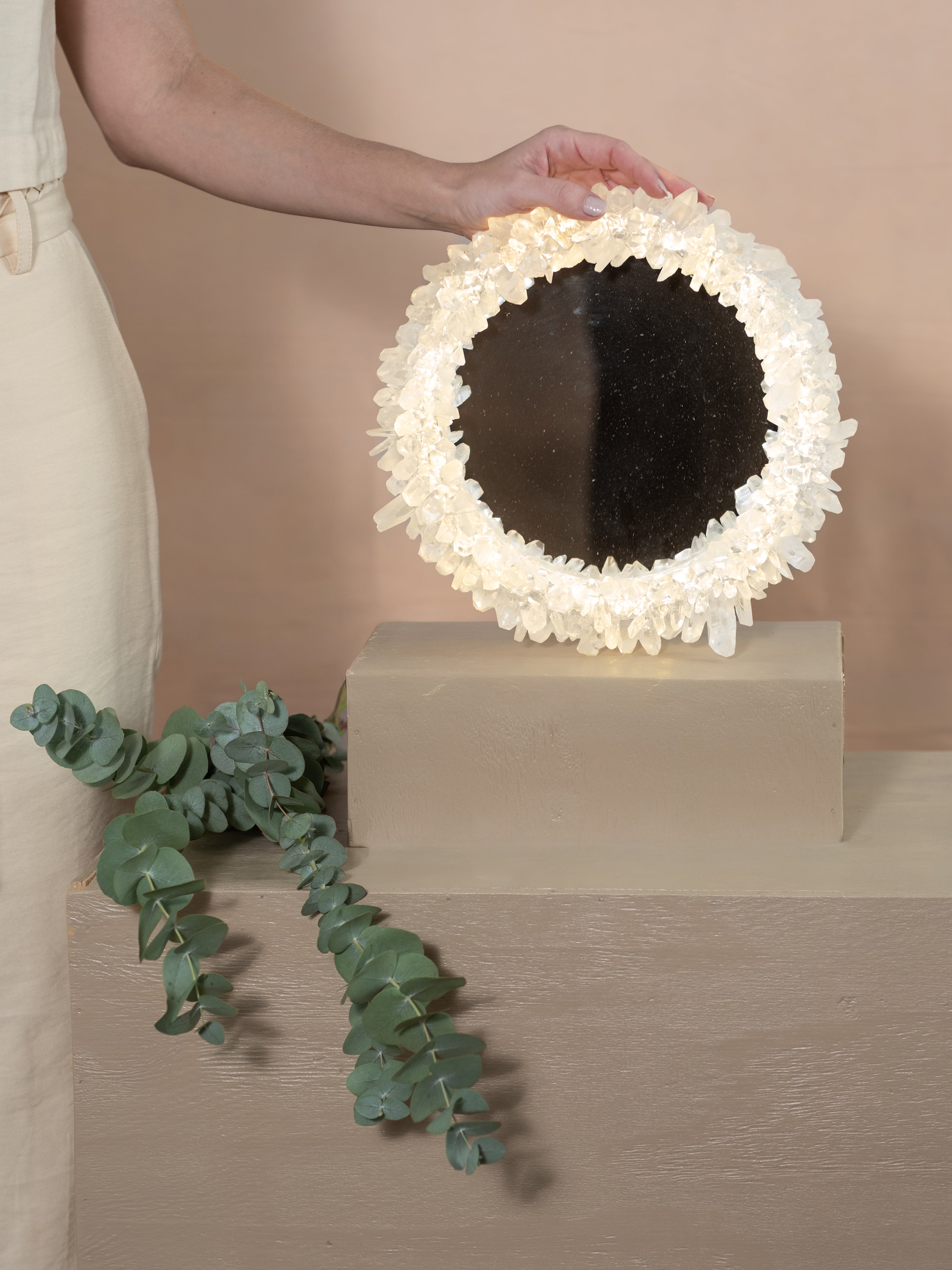 Lemurian Quartz Point Round LED Wall Mirror