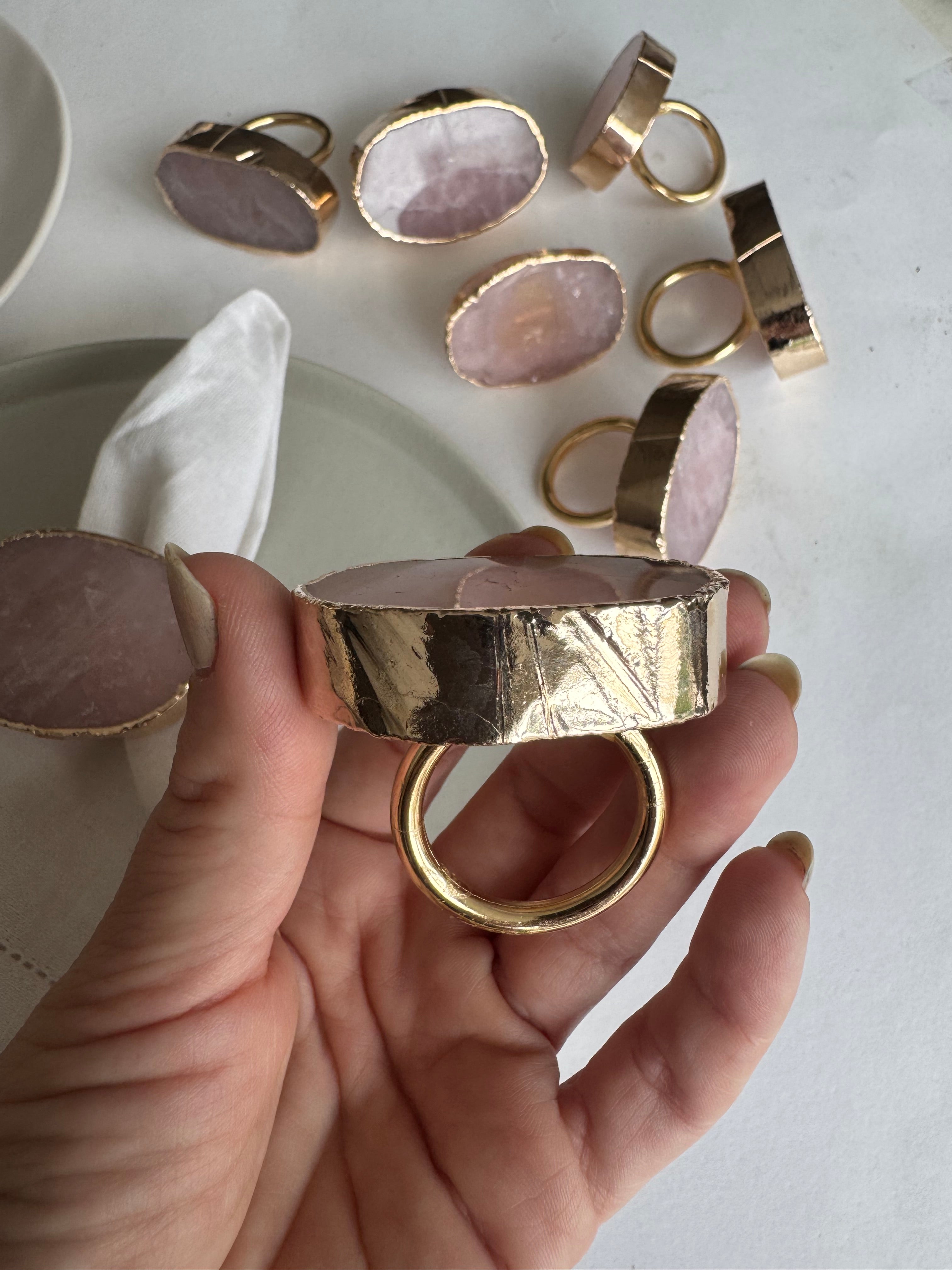 Napkin Ring in Brass with Rose Quartz Accent