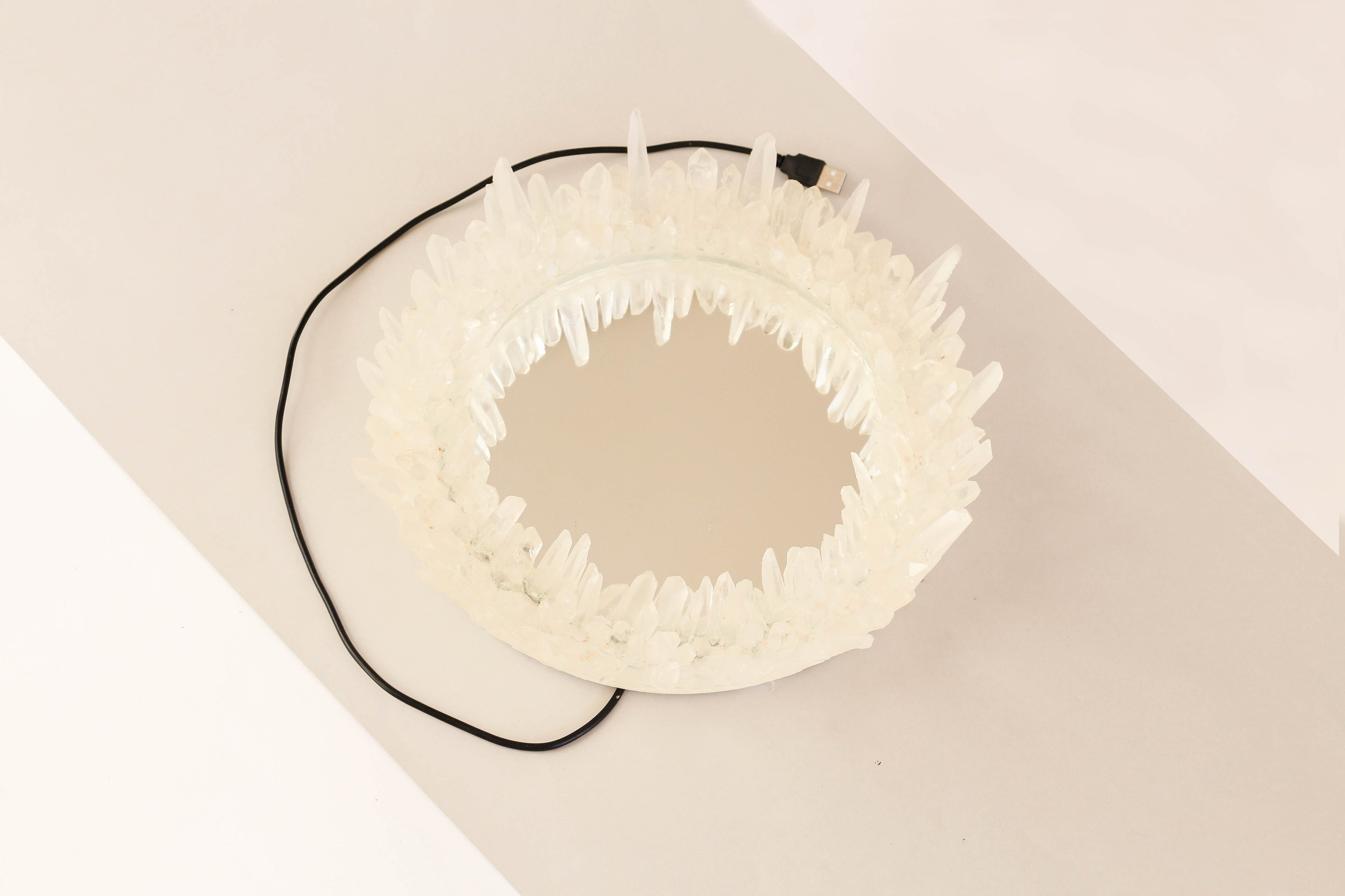 Lemurian Quartz Point Round LED Wall Mirror