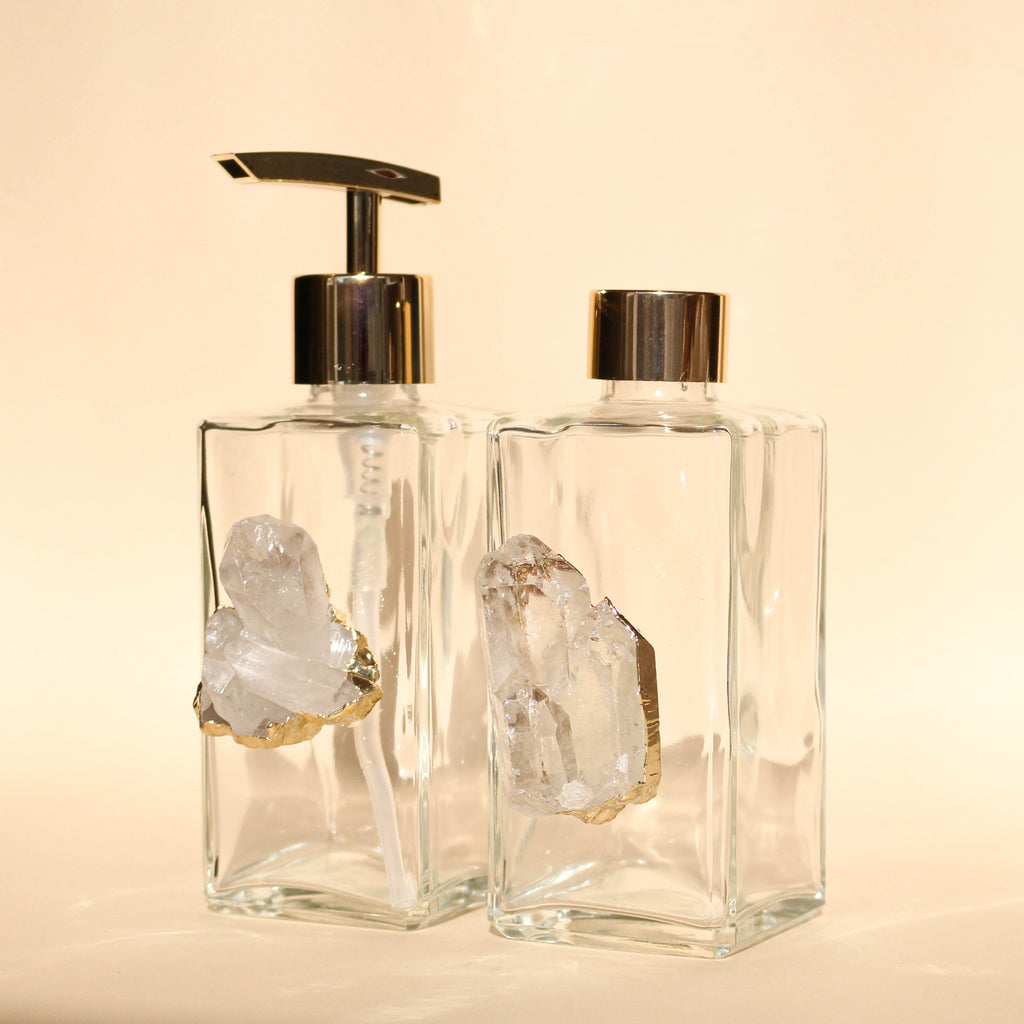 Handcrafted Crystal Glass Dispenser & Diffuser Set - 2 Piece Clear Quartz Druzy