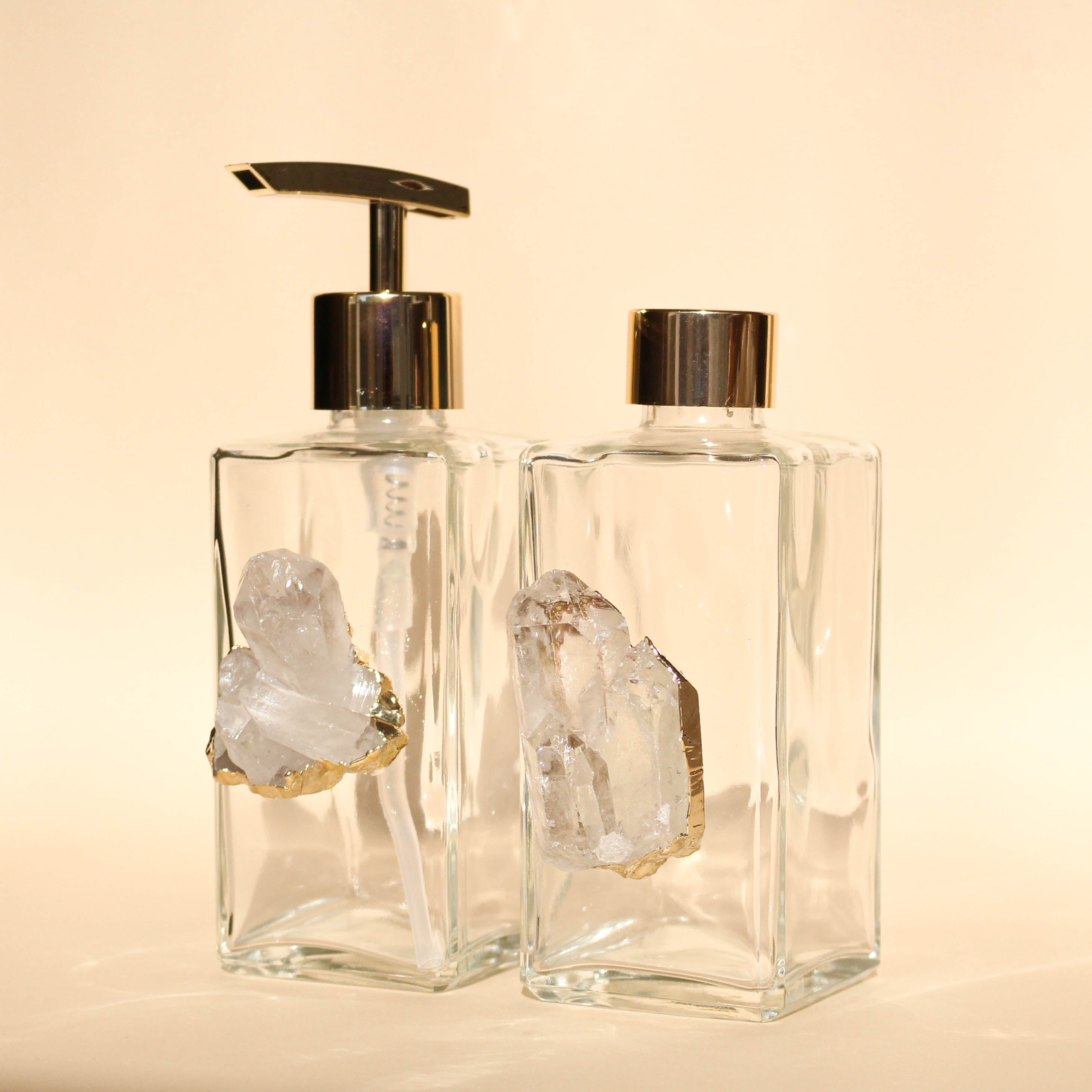 Handcrafted Crystal Glass Dispenser & Diffuser Set - 2 Piece Clear Quartz Druzy