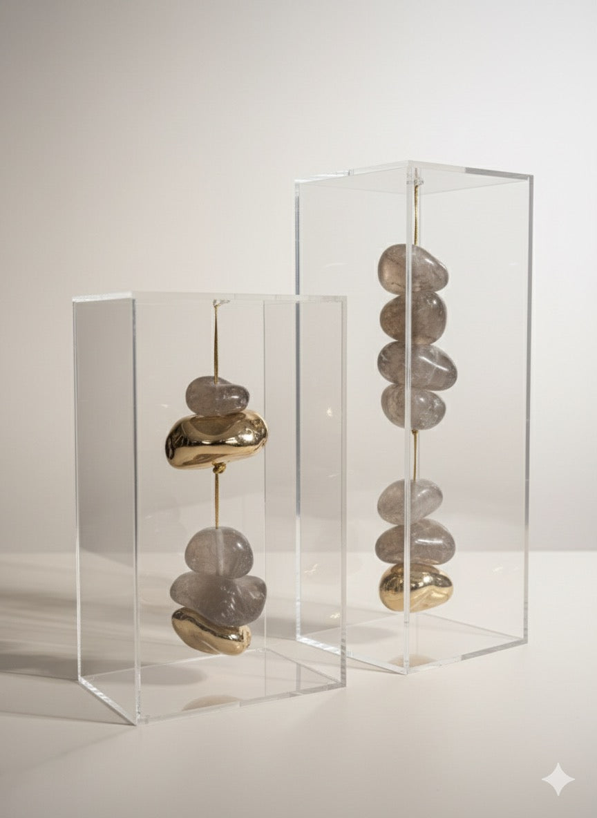 Tumble Quartz Equilibrium Acrylic Box - Smokey Cluster